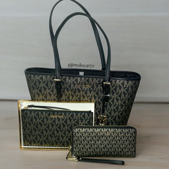 Michael Kors RARE Top Zip Tote + Wristlet + Wallet in Black/Gold NWT